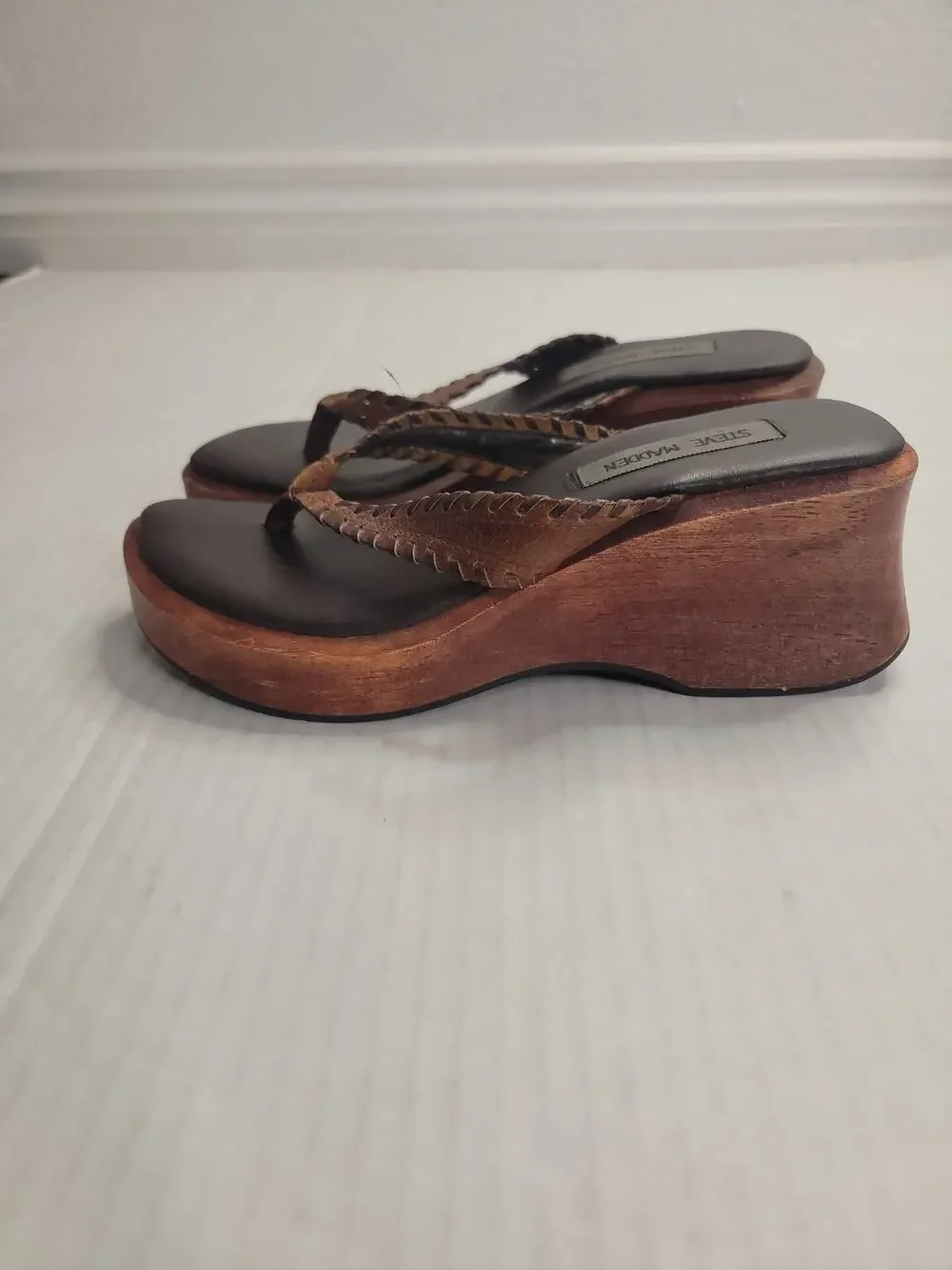 Vintage Steve Madden Chunky Wood Platform Wedge Sandals Size 7.5B Tan Boho Y2K